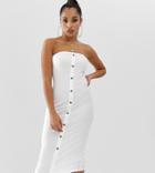 Asos Design Petite Rib Bandeau Midi Button Through Bodycon Dress - White