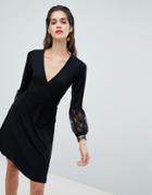 Asos Design Wrap Dress With Lace Sleeves - Black