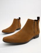 Boohooman Chelsea Boots With Zip Detail In Tan - Green
