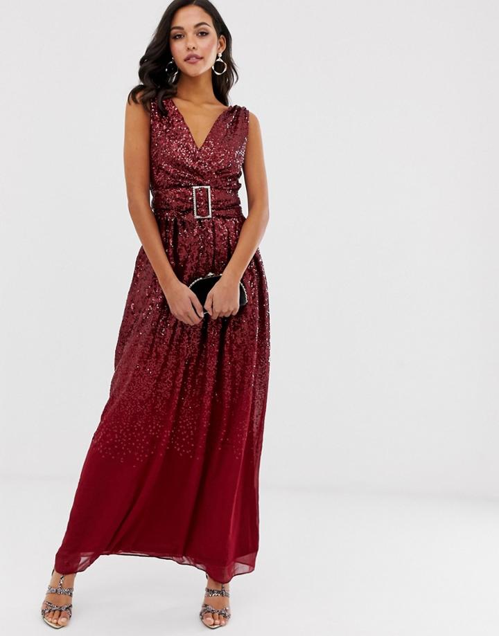 City Goddess Sequin Embellished Belted Maxi Dress-red