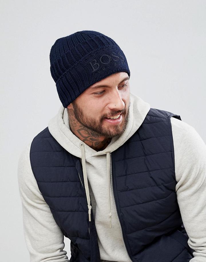 Boss Casual Fenno Logo Fisherman Beanie Hat In Navy - Navy