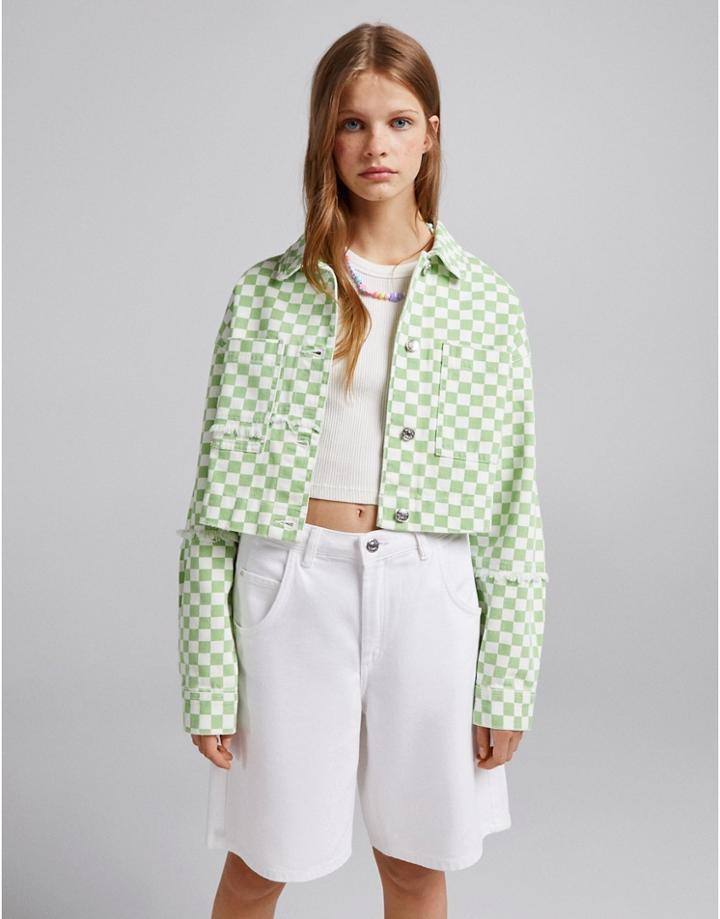 Bershka Checkerboard Denim Jacket In Light Green