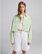 Bershka Checkerboard Denim Jacket In Light Green