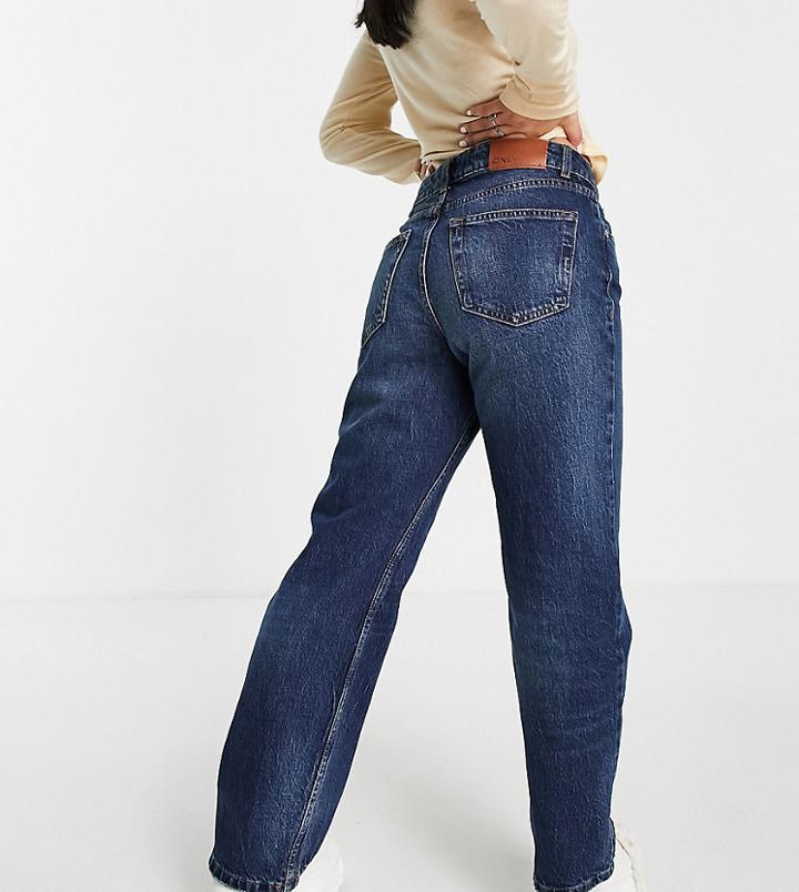 Only Petite High Waist Straight Leg Jeans In Dark Blue Wash-blues