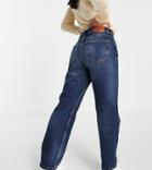 Only Petite High Waist Straight Leg Jeans In Dark Blue Wash-blues