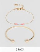 Asos Design Double Row Bead Chain And Cuff Bracelet - Gold