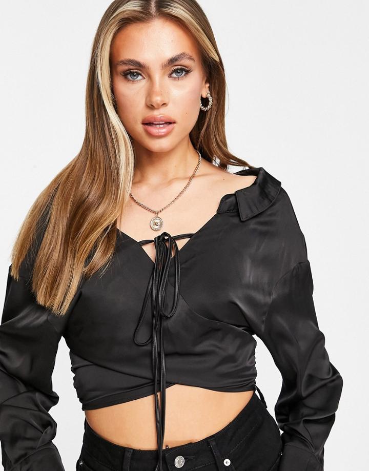 Club L London Satin Off Shoulder Halterneck Wrap Crop Top In Black