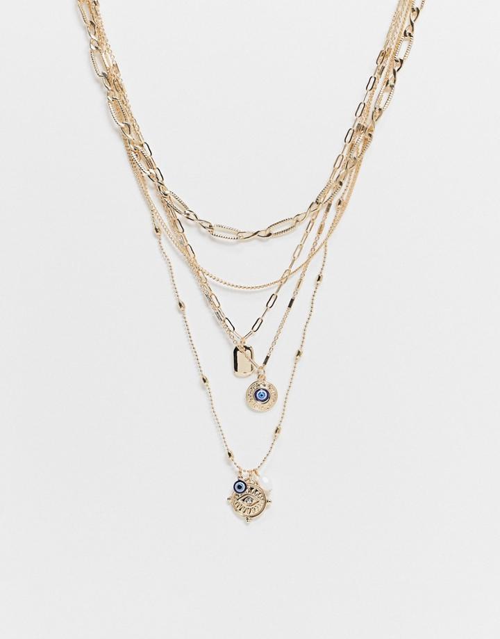Asos Design Multirow Necklace With Eye And Vintage Pendant In Gold Tone
