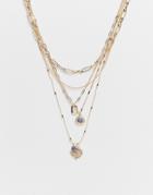 Asos Design Multirow Necklace With Eye And Vintage Pendant In Gold Tone
