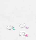 Kingsley Ryan X3 Pack Pastel Enamel Huggie Hoops In Sterling Silver-purple