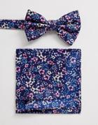 Asos Design Wedding Navy Floral Bow Tie & Pocket Square - Navy