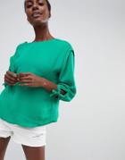 Asos Design T-shirt With Tie Back Detail In Linen Look - Green