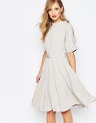 Closet Midi Skater Dress With D Belt - Gray