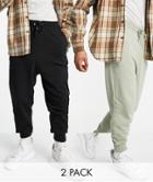 Asos Design Drop Crotch Sweatpants 2 Pack In Black/khaki-multi