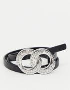 Asos Design Super Skinny Rhinestone Double Circle Low Waist Jeans Belt In Black