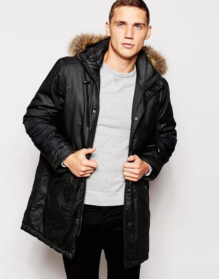 Another Influence Coated Faux Fur Hooded Parka Jacket - Black