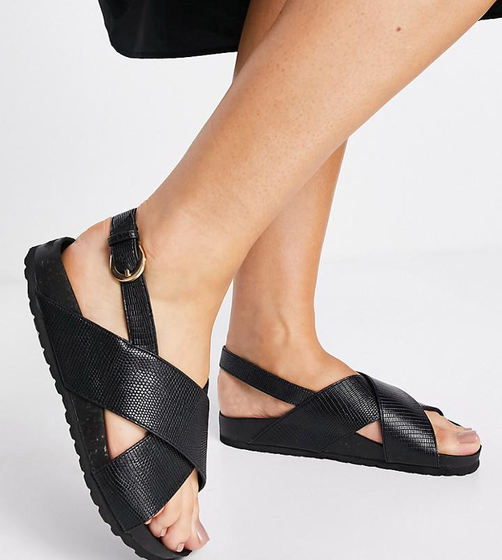 London Rebel Wide Fit Sling Back Footbed Sandals In Black