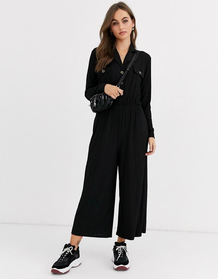 Asos Design Button Detail Shirt Jumpsuit With Long Sleeve-black