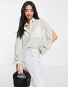Asos Design Textured Shirt With Slit Volume Sleeves In Sage Green