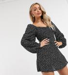 Missguided Exclusive Shirred Skater Dress With Open Back In Black Polka Dot