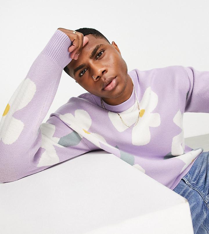 Bershka Flower Print Oversized Sweater In Lilac-purple