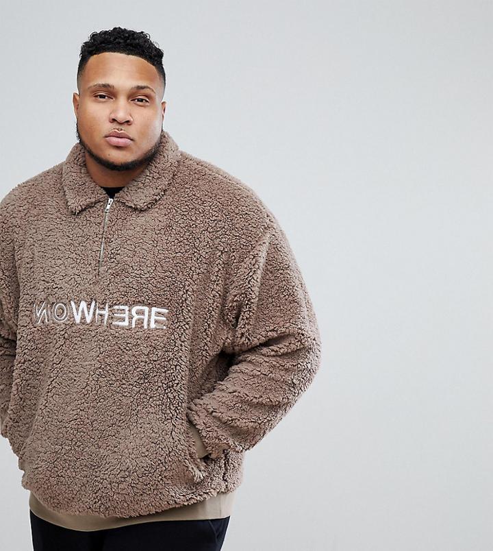 Asos Plus Borg Oversized Half Zip Harrington With Embroidery - Beige