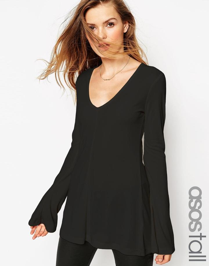 Asos Tall Clean Tunic With Long Sleeves And V Neck - Black