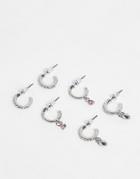Topshop Mini Heart And Pink Crystal Drop Huggy Hoop Earrings In Silver