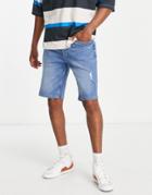 Only & Sons Slim Fit Tapered Denim Shorts With Rips In Light Blue
