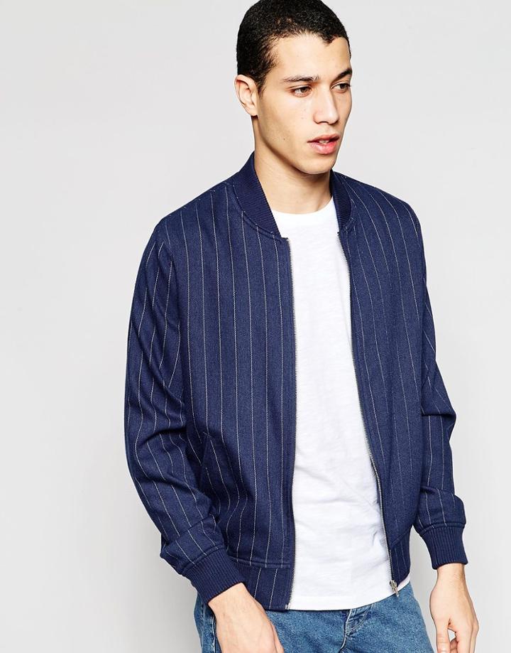 Asos Pinstripe Bomber Jacket In Blue - Blue