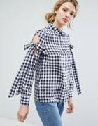 Lost Ink Gingham Shirt With Tie Up Bow Cold Shoulders - Navy