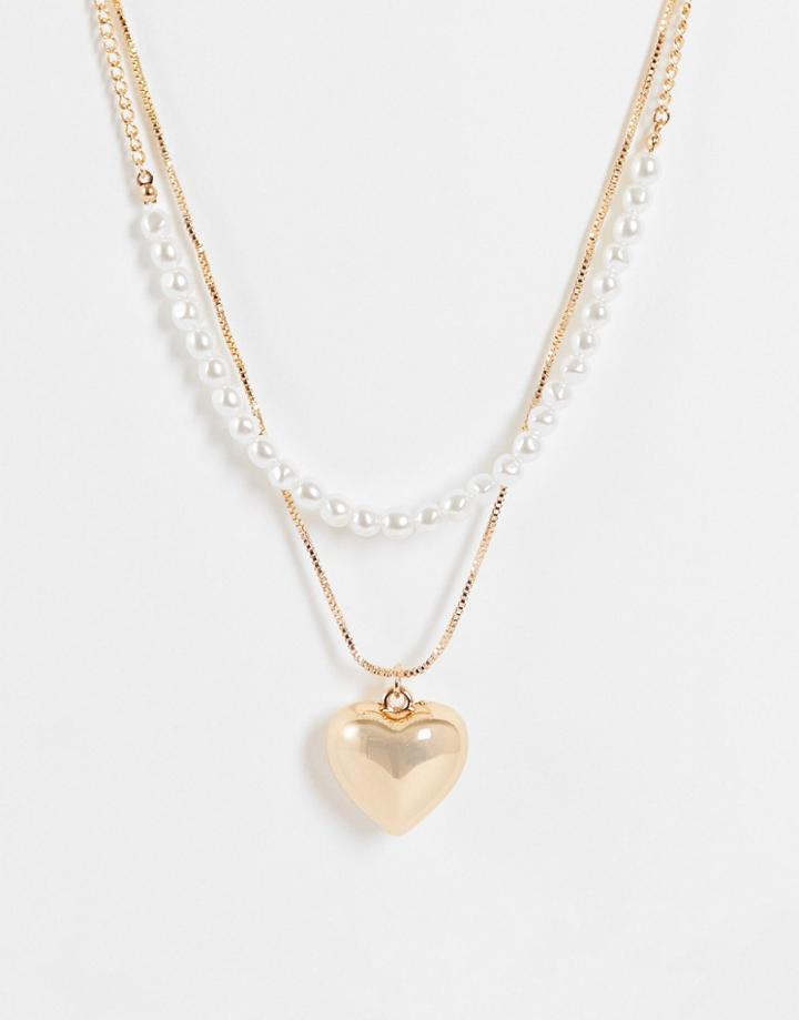 Monki Pearl And Heart Layered Necklace In Gold