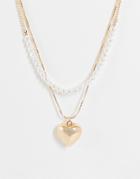 Monki Pearl And Heart Layered Necklace In Gold