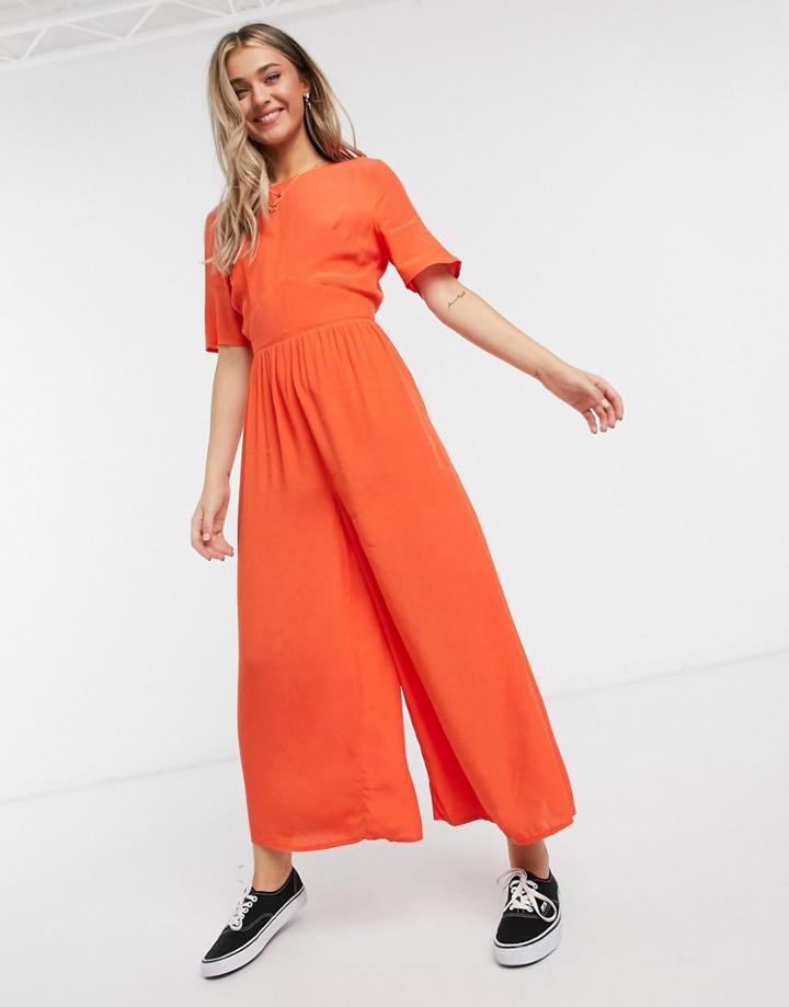 Asos Design Tea Jumpsuit With Button Back Detail In Tomato Red-multi