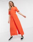Asos Design Tea Jumpsuit With Button Back Detail In Tomato Red-multi