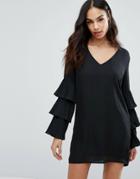 Missguided Pleated Ruffle Sleeve Shift Dress - Black