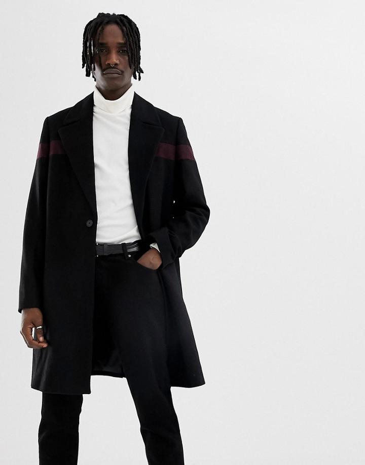 Asos Design Wool Mix Overcoat With Body Stripe In Black - Black