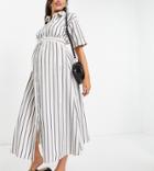 Asos Design Maternity Button Up Elastic Waist Midi Shirt Dress In Stripe Print-multi