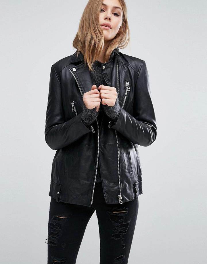Mango Longline Real Leather Biker Jacket - Black