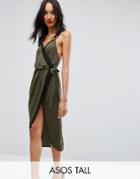 Asos Tall Hammered Satin Lace Trim Midi Wrap Dress - Green