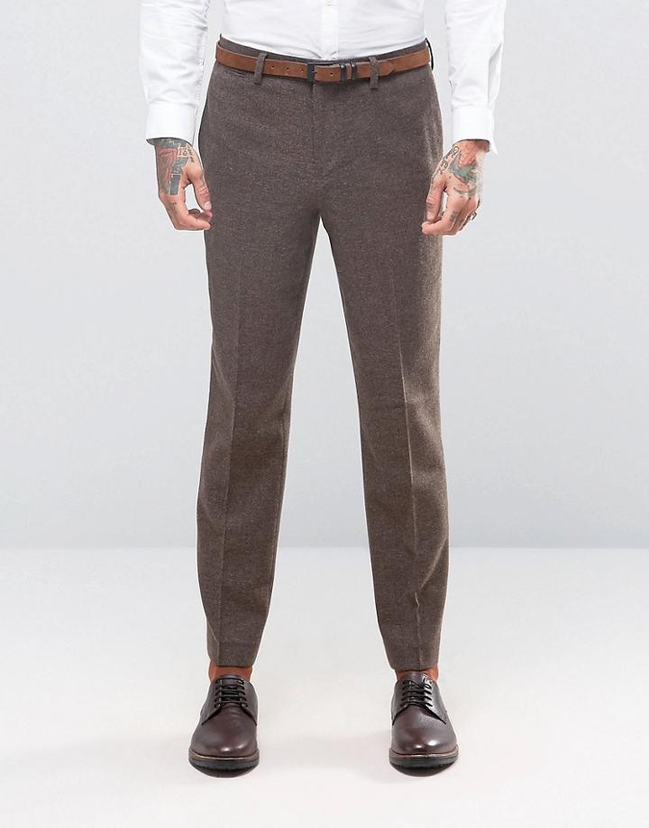 Asos Slim Suit Pants In Brown Herringbone - Brown