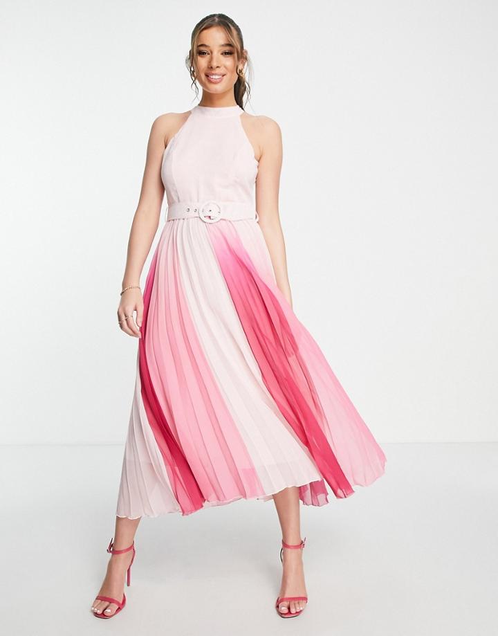 Style Cheat High Neck Belted Pleated Midi Dress In Pink Ombre