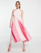 Style Cheat High Neck Belted Pleated Midi Dress In Pink Ombre