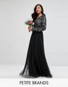 Maya Petite Plunge Front Long Sleeve Maxi Dress In Tonal Delicate Sequin And Tulle Skirt - Black