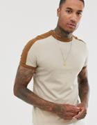 Asos Design Organic T-shirt With Contrast Shoulder Panel In Beige