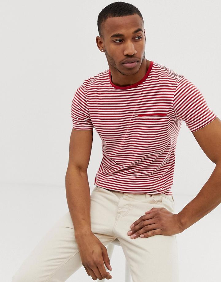 Selected Homme Stripe T-shirt With Pocket In Organic Cotton - Red