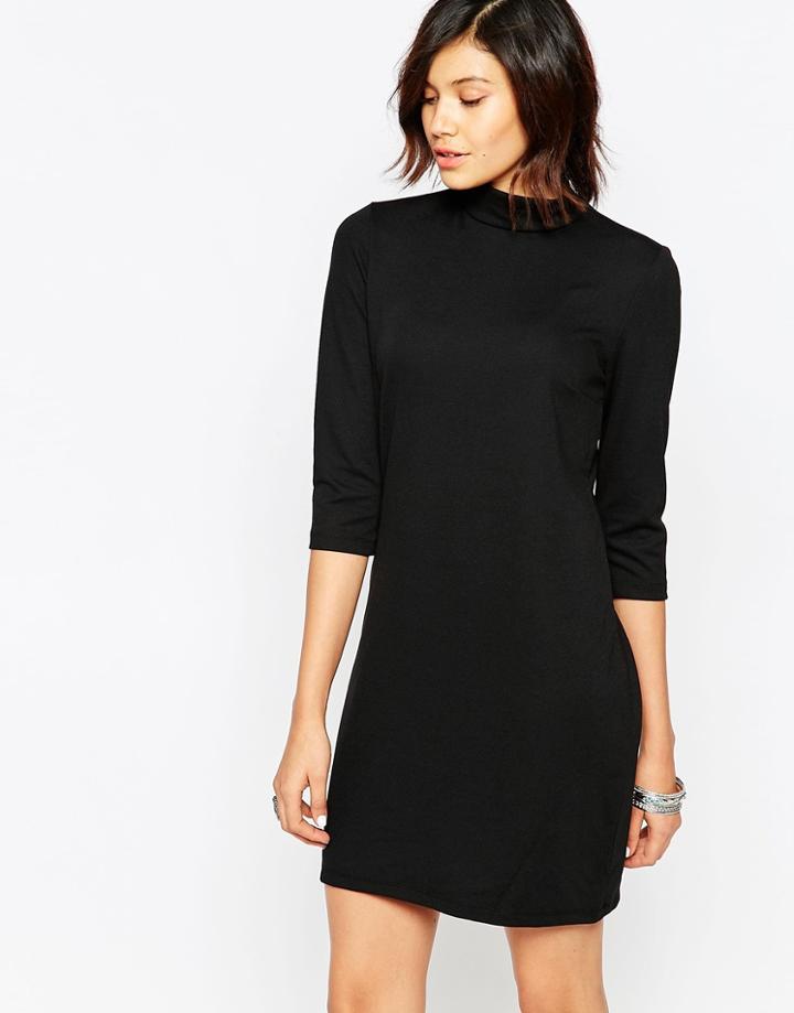 Only 3/4 Sleeve High Neck Striped Dress - Black