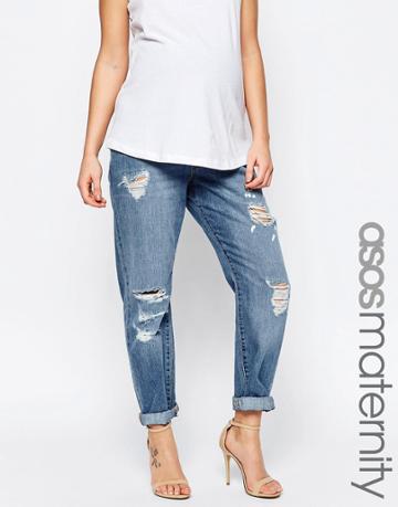 Asos Maternity Brady Slim Boyfriend Jeans In Avaline Mid Wash With Over The Bump Waistband With Under The Bump Waistband - Blue