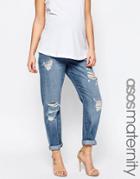 Asos Maternity Brady Slim Boyfriend Jeans In Avaline Mid Wash With Over The Bump Waistband With Under The Bump Waistband - Blue