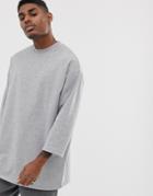 Asos Design Oversized Longline Sweatshirt With 3/4 Sleeves In Gray Marl - Gray